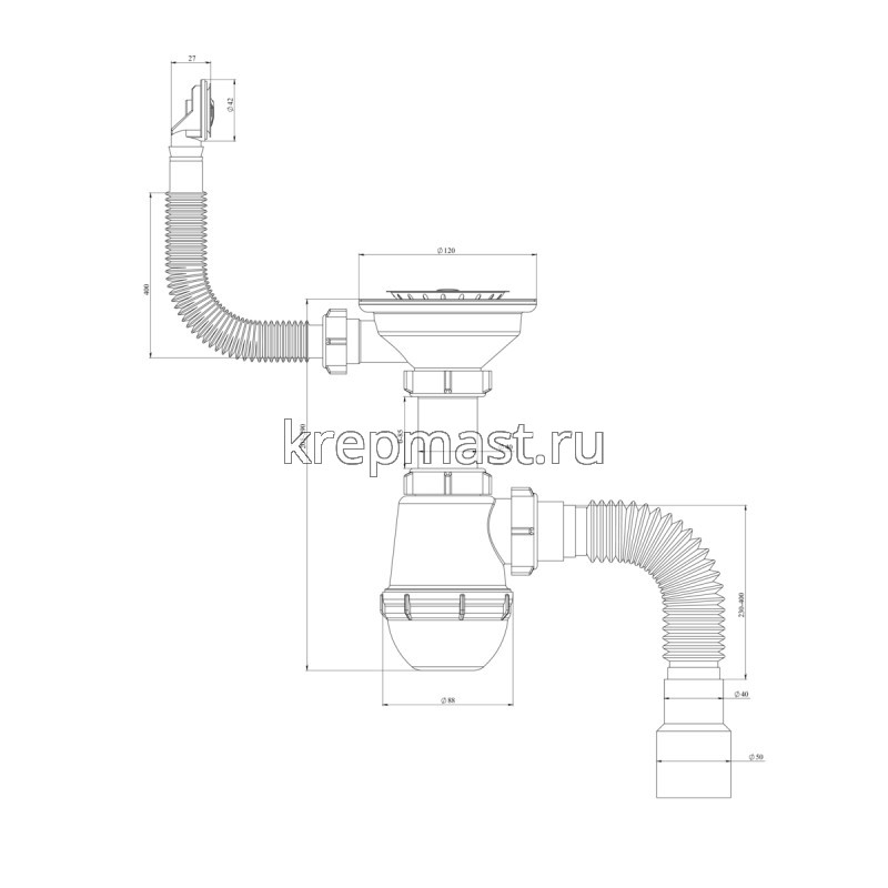 Сифон РМС СЕМ-К (П) для кух.мойки с круглым переливом, пластик шток